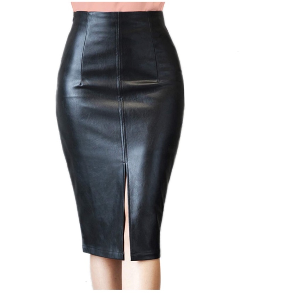 Faux Leather Pencil Skirt High Waist Split  Midi Hip Skirt